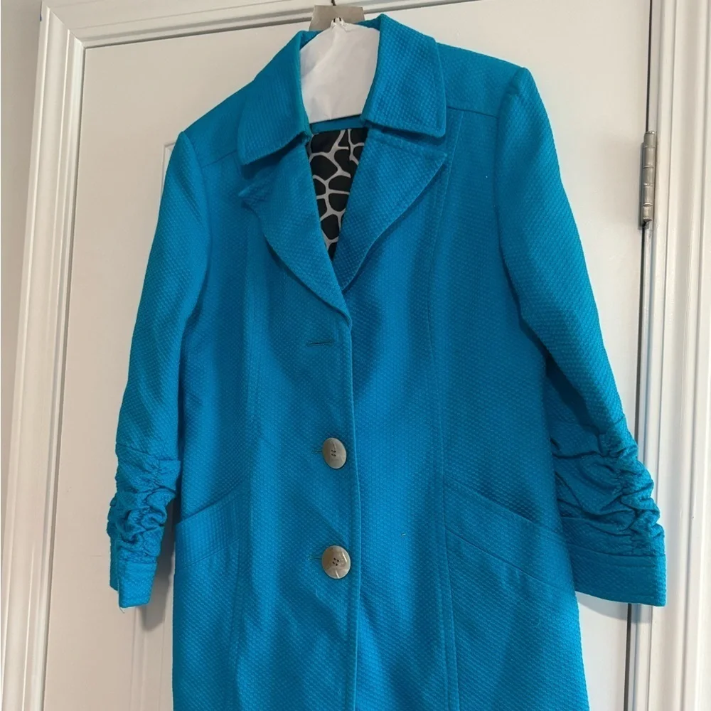 Peck & Peck Weekend Coat Teal Blue Belt Collared Buttons Lined Pockets Size 8
